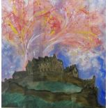 Contemporary School, Edinburgh Castle with fireworks' mixed media, apparently unsigned, framed under