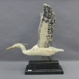 Artisan designed Flying Heron, wooden weather vane style sculpture, on an ebonised base, 67 x 61,