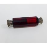 White metal and red glass double ended scent bottle, 10cm long