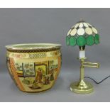 Large pottery fish bowl style planter and a table lamp with Tiffany style glass shade, (2)