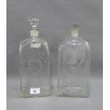 Two 19th century glass spirit decanters with stoppers, one with etched pattern, tallest 33cm (2)