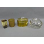 Heavy glass inkwell, 13cm, oval bras box and two horn beakers, (4)