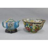 A Chinese plique a jour floral pattern bowl and miniature teapot, 16cm diameter, (2)