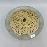 Circular brass bowl with a foliate pierced cover, 35cm diameter