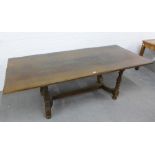 Oak trencher style table with carolean style stretcher, 214 x 74 x 92cm