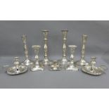 Two pairs of Old Sheffield plate knop stemmed candlesticks, pair of chamber candle sticks and a pair