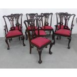Set of eight Chippendale style chairs to include two carvers, with interlaced splat backs,