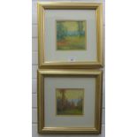 Companion pair of Contemporary School landscape oils, one signed indistinctly, framed under glass,