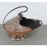 Art Nouveau copper coal scuttle with floral pattern and curved iron handle, 48 x 38 x 35cm