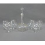 19th century globe and shaft decanter and stopper with six brandy glasses (7)