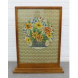 Fire screen with an Art Deco floral needlework panel insert, 50 x 74cm