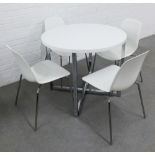Contemporary chromed metal and white plastic dining set comprising a circular top table and four
