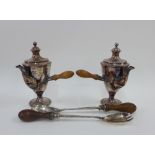 George VI silver salad servers with wooden handles, Sheffield 1943, and a pair of silver plate on