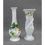 Victorian white glass hand vase and a white glass flower vase, tallest 24cm (2)