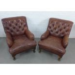 Two contemporary brown leather buttonback armchairs, (one with a small split to side) 78 x 95 x