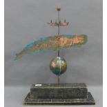 Artisan design whale sculpture, in copper with a verdigris finish on a wood and steel base, 59 x