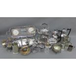 Carton containing a quantity of Epns wares to include spirit kettle, trays, candelabra, serving