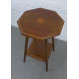 Edwardian mahogany and inlaid two tier occasional table with an octagonal top, 43 x 70cm