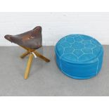 Two retro stools to include a blue leather pouffee and a elephant pattern tripod stool, (2)