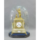 19th century gilt metal and alabaster mantle clock, surmounted with a cherub and dog, on paw feet,