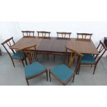 Retro McIntosh extending dining table and set of eight chairs, (9) table 74 x 234 when open and