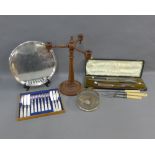 Mixed lot to include 19th century mahogany three branch candlestick, Epns tray, mother of pearl