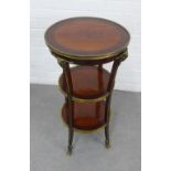 Three tier brass and mahogany table with rams head and goat feet, 41 x 75cm