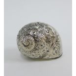 Continental white metal conch shell box, makers mark JvDH, 5cm long