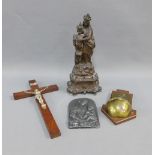 Bronze patinated metal figure of Mary & Jesus, pewter plaque of Madonna, small wall font, tallest