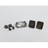 Mexican silver cufflink's, silver brooch stamped 830 and a pair of 925 silver Glasgow rose style