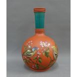 Terracotta vase painted with birds and foliage pattern with a rope twist border and footrim, 25cm