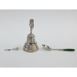 White metal table bell with a figural handle 8cm, together with a white metal and green jadeite