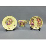 Aynsley bone china, fruit patterned, hand painted trio, the side plate by D. Jones and the cup and