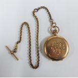 9ct gold cased full hunter pocket watch, with a yellow metal belcher chain with T-bar,