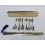 Set of six Georgian silver teaspoons together with a silver-plated Links of London ruler (7)