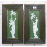 Pair of Dresden Jasper style wall plaques with classical figures and fairies, framed, size overall