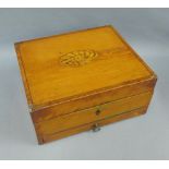 19th century shell inlaid satinwood box with a drawer to the base with interior dividers, 29 x 13