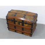 Vintage domed top trunk with wood and metal bands, opening to reveal a lift out tray, 54 x 74 x 46cm