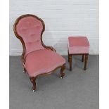 Late 19th century ladies walnut chair with exposed carved frame and pink button back upholstery,