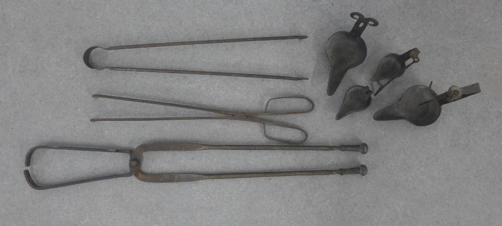 Collection of iron items to include tongs, rush light holders, etc (a lot)