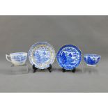 Miles Mason blue and white cup and saucer and a pearlware willow pattern cup and saucer (4)