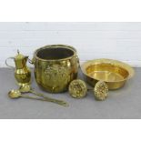 Collection of brass wares to include a large pot with a crest to the front, ladles, jug and tie
