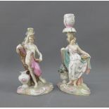 Pair of continental porcelain figural candlesticks, one with a sconce lacking, tallest 21cm (2)