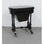 Victorian ebonised sewing / games table, the foldover top opening to reveal a chess board,
