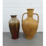 Terracotta amphora style vase and West German pottery vase, tallest 50cm (2)