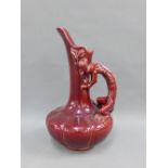 Burmantofts red glazed dragon jug, circa 1885, 30cm high (a/f)