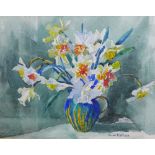 Helen Fletcher, 'Daffodils', still life watercolour, signed and framed under glass with a SWA