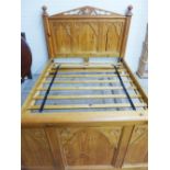 Pine King size double bed with Gothic style carved headboard and footboard, 146 x 224 x 160cm