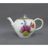 Meissen porcelain teapot with floral sprays and a white ground with gilded highlights, the