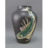 Marazon of Cornwall, studio pottery vase with enamelled fish pattern, 19cm